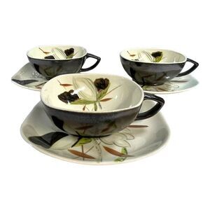 Red Wing Pottery Lotus Pattern Lot 3 Grey Square 1 7/8" Cup & Saucer Sets 1947